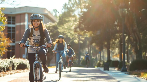 네 명의 다양한 대학생들이 캠퍼스 길에서 자전거를 타고 있습니다.