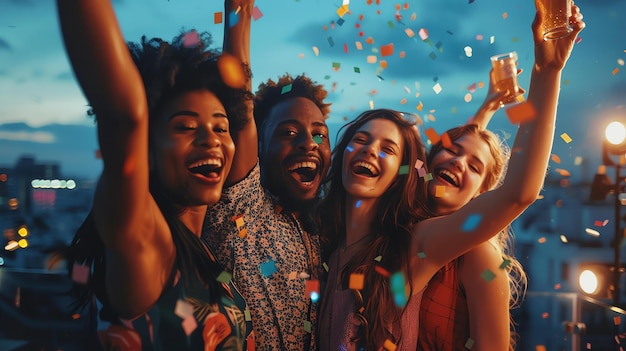 Four diverse friends celebrating with drinks and confetti They are happy and excited The background is blurred with a hint of a cityscape