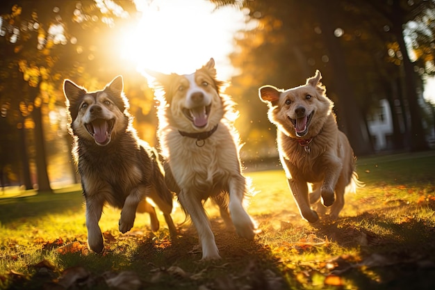 Photo four dogs are playing together