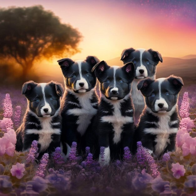 four dogs are sitting in a field of flowers at sunset generative ai