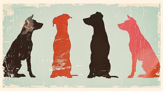 Photo four dogs of different breeds are sitting side by side the dogs are in silhouette and are a mix of black brown and red