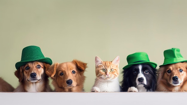 Four dogs in hats with green hats and a green cat.