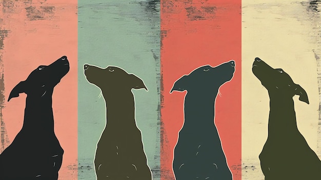 Four dogs of the same breed in profile with heads tilted back and mouths open as if howling at the sky in front of a retro textured background in shad