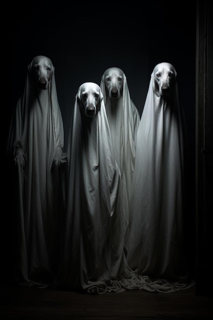 Photo four dogs sit as a ghost in front of the door