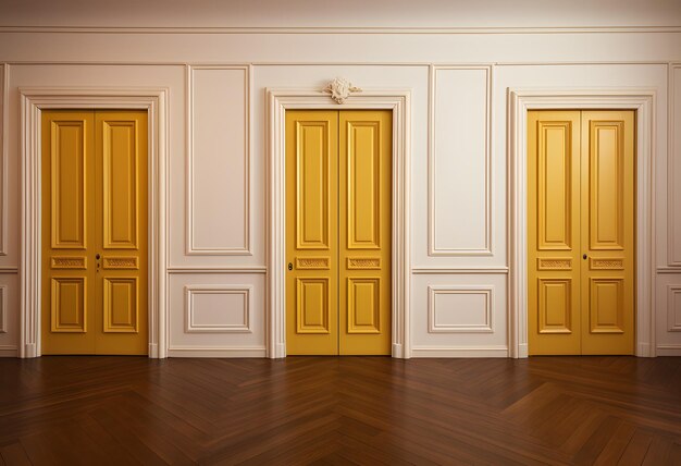Foto quattro porte in una stanza con pavimenti in legno e pareti bianche ai generativa