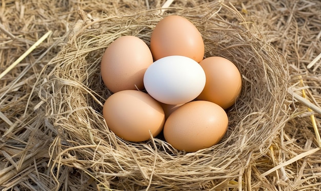 Photo four eggs nestled in a rustic hay nest on a wooden table