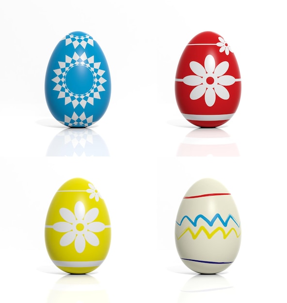 Four eggs with flowers and geometric shapes isolated