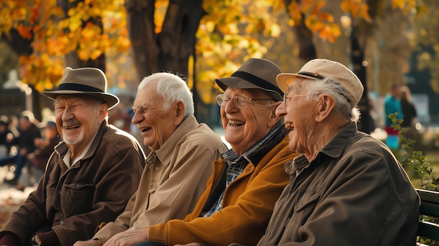Four elderly men are sitting on a bench in a park laughing and enjoying each others company