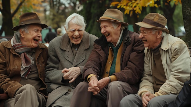 Four elderly men are sitting on a park bench and laughing together