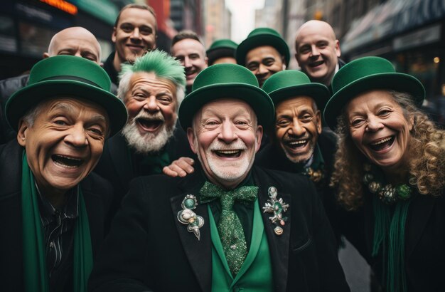 Photo four elderly saint patricks day citizens celebrating party with beer on a city street