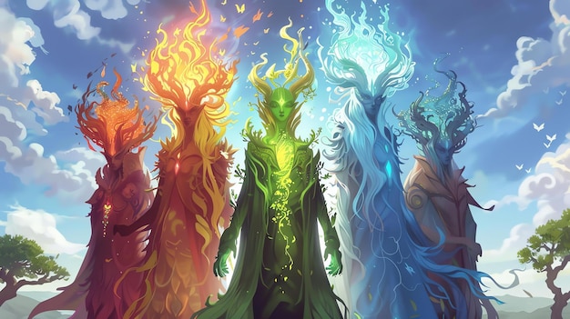 Photo four elemental spirits stand in a line each representing a different element from left to right they are fire earth water and air