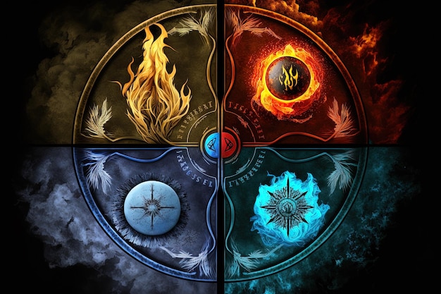 Four elements compass Generative AI Colorful magical fantasy compass four elements earth fire water air