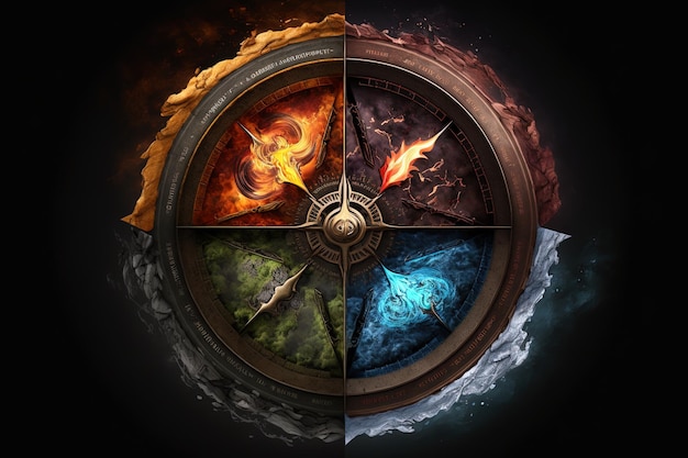 Four elements compass Generative AI Colorful magical fantasy compass four elements earth fire water air