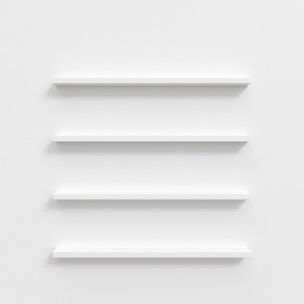 Four empty white floating shelves above each other on white wall
