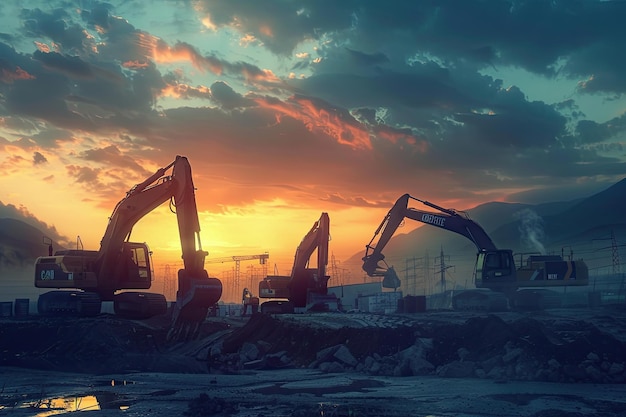 Four excavators work on construction site at sunset excavator