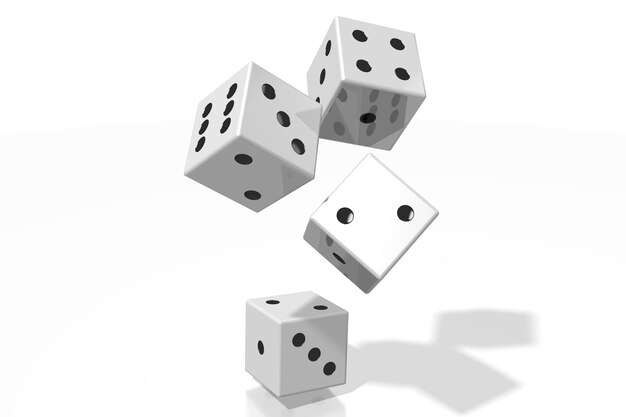 Four falling dice isolated on white background