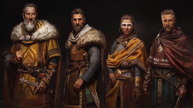4명의 판타지 캐릭터, 3명의 남성과 1명의 여성은 모두 중세 시대의 옷을 입고 전투를 준비하고 있는 것처럼 보입니다.