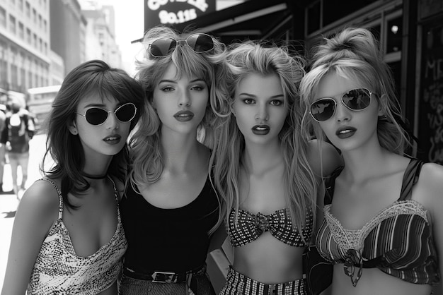 four fashion women in style clothing on street in the city in summer Old retro black and white film photography from the 1980s