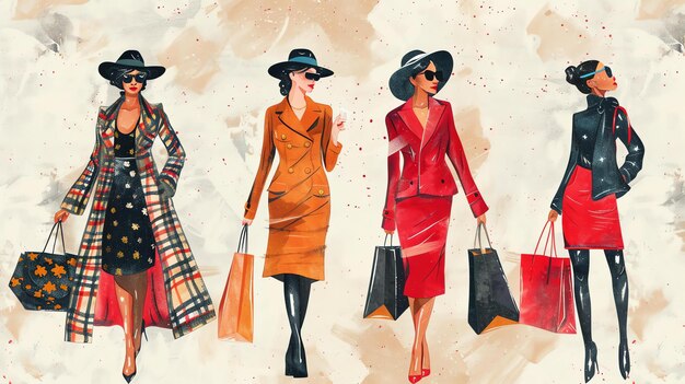 Photo four fashionable women walk down a runway they are all wearing different colored suits and carrying shopping bags