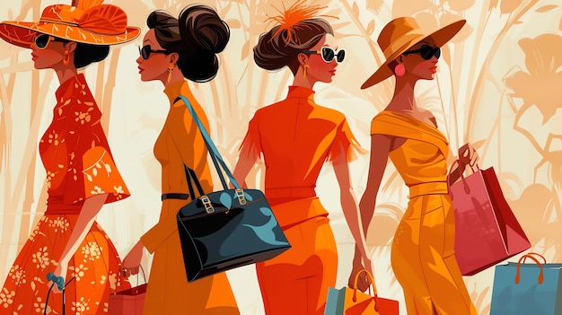 세련 된 옷 과 선글라스를 입은 네 명 의 패션 여성 들 이 쇼핑 가방 을 들고 바쁜 거리 를 고 있다