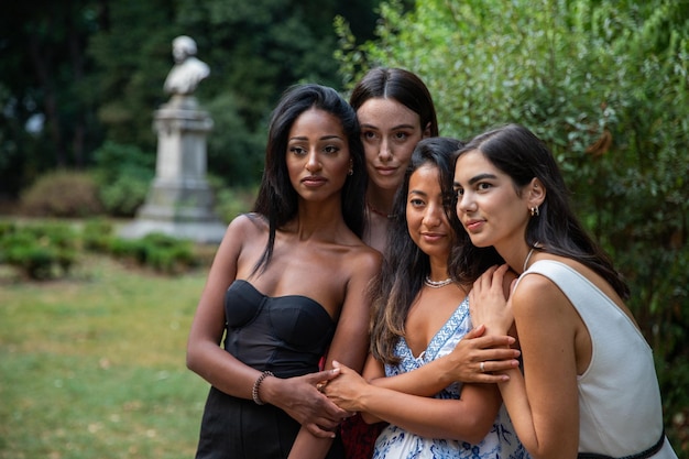 Four female friends of different ethnicities meet at the park to spend time Togetherness concept