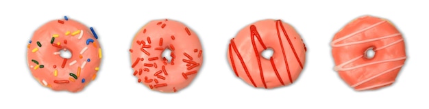Four festive pink donuts isolated on a white background with clipping path doughnuts isolated