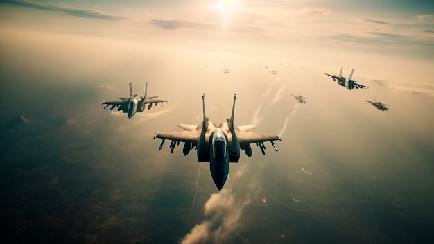 Four fighter jets fly in formation with the words air force on the bottom.