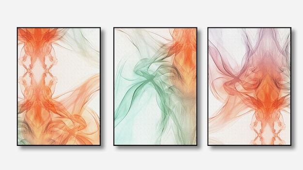 four framed paintings of colorful smoke on a white background