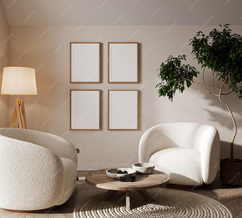 Premium Photo | Four frames mock up in modern living room interior 3d