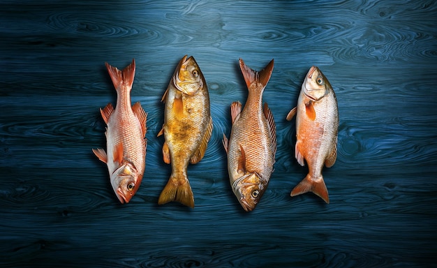 木のテーブルの上に 4 つの新鮮な生の魚