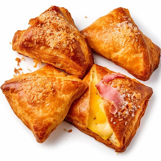 Photo four freshly baked ham and cheese crossiants on a transparent white