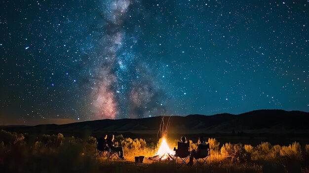 Four friends are camping together in the wilderness They have built a campfire and are sitting in chairs enjoying the starry night sky