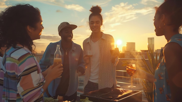 Photo four friends are having a barbecue on a rooftop they are all smiling and laughing and they are enjoying the sunset