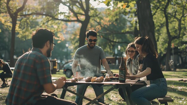 Four friends are having a picnic in the park They are grilling food drinking beer and talking