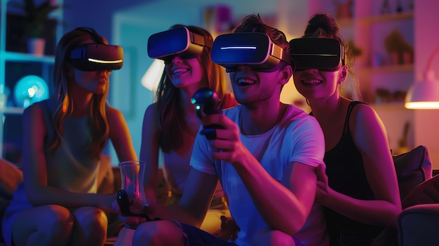 Фото Четверо друзей играют в игру виртуальной реальности вместе. они все носят vr-гарнитуры и держат контроллеры. они смеются и веселятся.