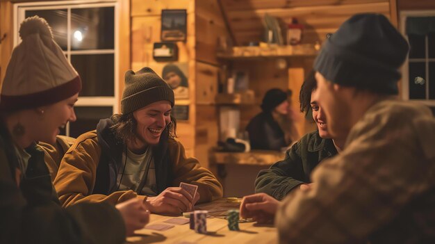 Photo four friends are playing cards in a cozy cabin they are all smiling and laughing and it is clear that they are having a good time