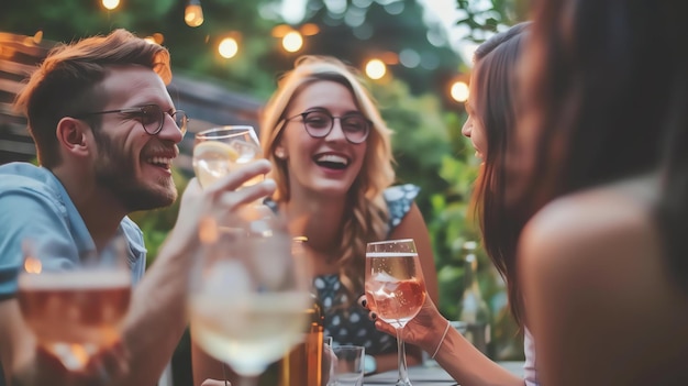 Four friends are sitting around a table in a backyard laughing and talking They are all holding glasses of wine or cocktails