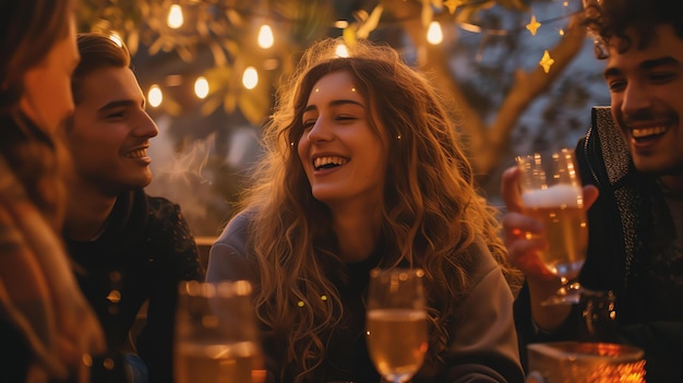 Four friends are sitting around a table in a backyard laughing and talking