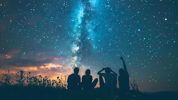 사진 네 명의 친구들이 언덕 꼭대기에 앉아서 별이 빛나는 밤하늘을 바라보고 있습니다.