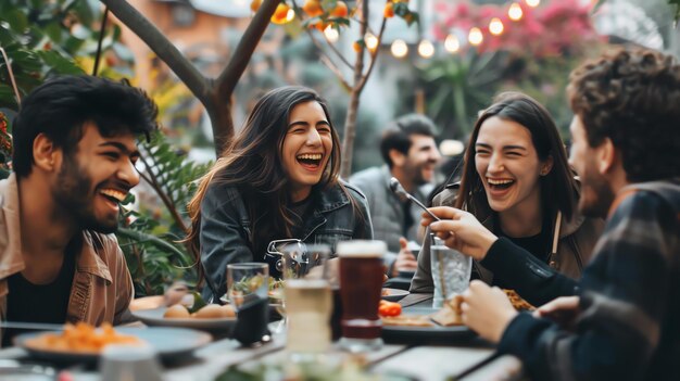 Four friends are sitting at a table in a restaurant laughing and talking