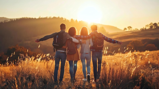 Foto quattro amici stanno camminando attraverso un campo di erba alta sono tutti vestiti casualmente e hanno le braccia l'uno attorno all'altro