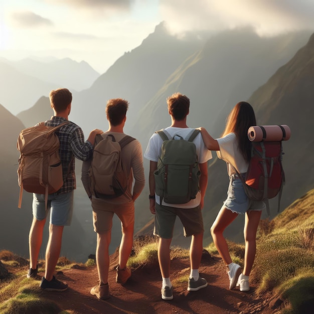 Photo four friends bathed in the golden light of sunset admire a scenic mountain view during their hike