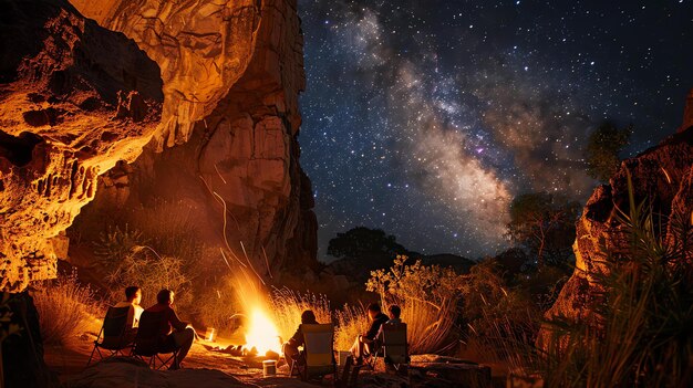 Four friends camping together in the desert They have a campfire going and are sitting in chairs looking up at the stars