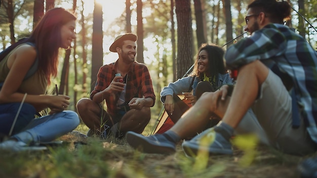 four friends enjoy a sunny day in the forest laughing together while sitting by a tent