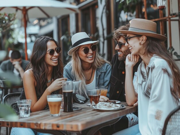 Four friends laugh around a table at a cafe drinks in hand enjoying a sunny day