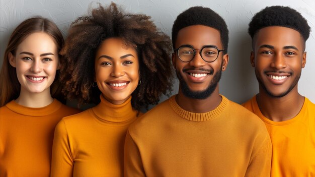 Four Friends in Matching Orange Shirts Smiling Together