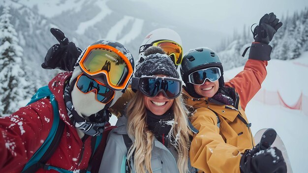 Четверо друзей на лыжах делают селфи вместе на вершине горы