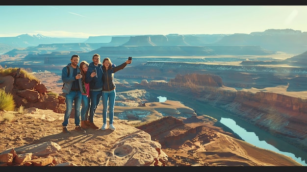 Photo four friends standing on a cliff taking a selfie the sun is setting behind them and the sky is a bright orange