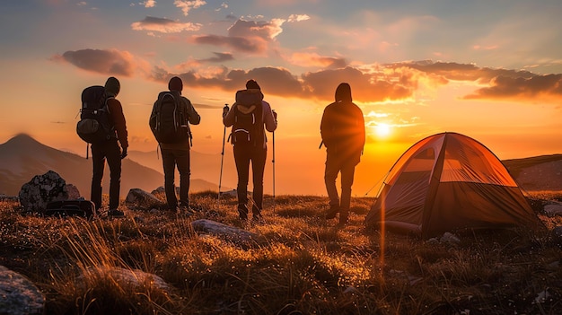 Фото Четыре друга стоят на вершине горы и смотрят на закат. они все носят рюкзаки и носят тропы для походов.