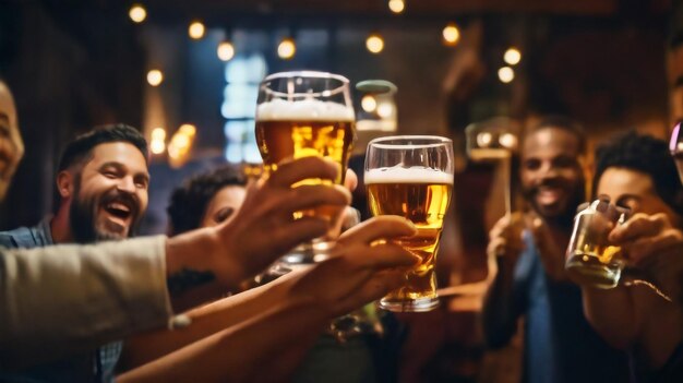 Photo four friends with a fresh beer in a beer garden closeup on beer stein